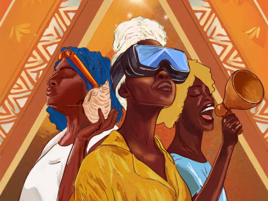 Ilustração de três mulheres negras, com cabelos coloridos.